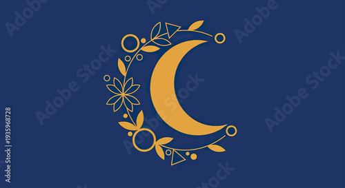 Golden Crescent Moon with Floral Wreath on Dark Blue Background