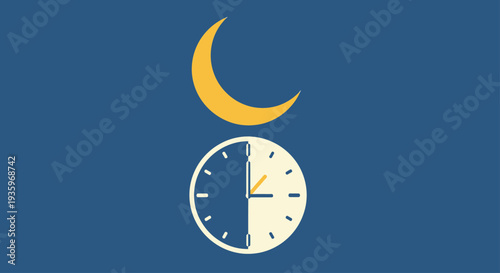 Nighttime Clock and Crescent Moon Icon on Blue Background