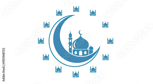 Islamic Crescent Moon and Mosque Icons on White Background, Ramadan and Eid Celebration