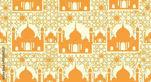 Seamless Islamic Pattern with Mosque Silhouettes and Geometric Ornaments