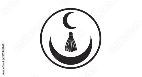 Crescent moon and tassel symbol in circle, black and white icon