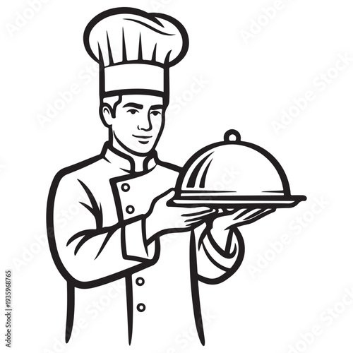 Professional male chef in traditional uniform and toque holding a silver serving platter with a cloche dome, minimalist black and white line art illustration for restaurant branding and menu.