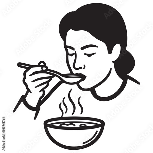 Minimalist black and white line art illustration of a young woman eating hot soup from a bowl with a spoon, steam rising from the dish, depicting a cozy mealtime and healthy eating lifestyle.