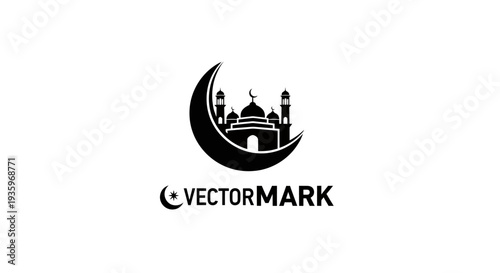 Islamic Crescent Moon with Mosque Silhouette Logo Vector