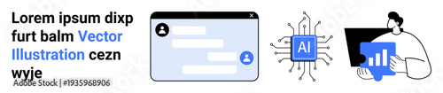 Artificial intelligence, data visualization, communication technology, digital innovation, user interface, tech education. Chat application window, AI chip, person analyzing data on screen