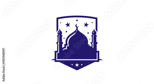 Islamic Mosque Silhouette Icon Emblem Badge with Crescent Moon and Stars