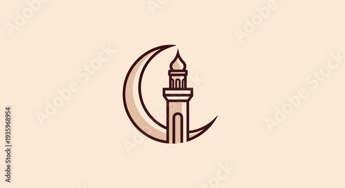 Islamic crescent moon with minaret mosque tower logo icon