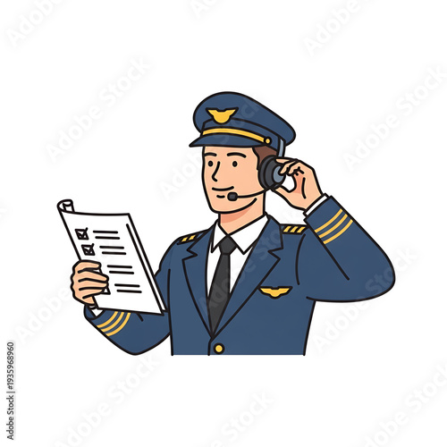 Airline pilot reading flight schedule while adjusting headset.