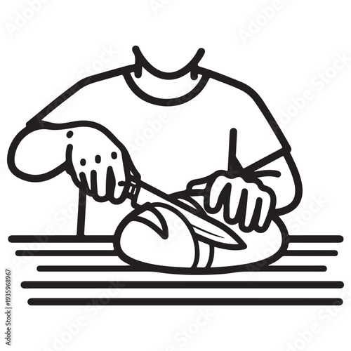 Minimalist black and white line art illustration of a person slicing a fresh loaf of crusty bread on a wooden table, representing home baking, culinary skills, and healthy meal preparation.