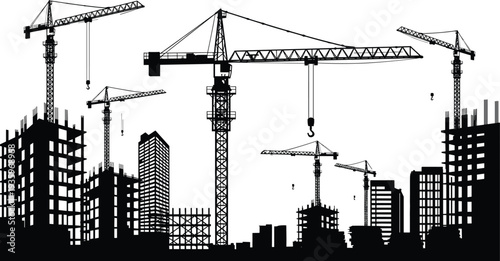 Construction crane skyline silhouette, city building development site with tower cranes, urban engineering industry illustration isolated design