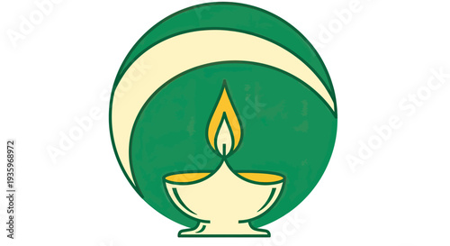 Green abstract circle logo with oil lamp and flame, representing knowledge and wisdom