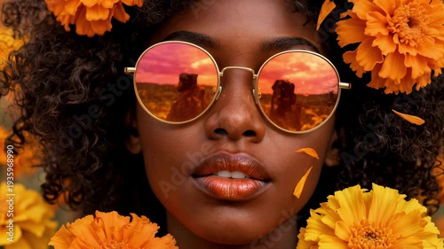 Sunset Reflections in Sunglasses — Afro Woman in Marigold Sea