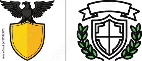 A collection of military vector emblems featuring a majestic black eagle atop a golden shield, alongside a white crest with laurel leaves, a blank banner, and a central shield.