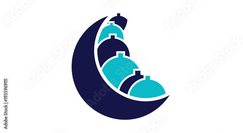 Abstract Crescent Moon with Stacked Geometric Shapes in Teal and Navy Blue