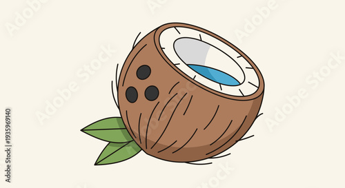 Coconut with green leaves and water.