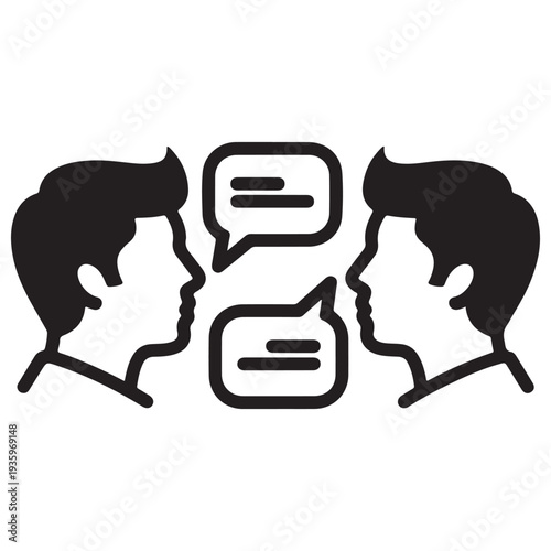 Two male profile silhouettes engaging in a verbal exchange with speech bubbles, representing communication, business networking, and social interaction in a minimalist vector icon.