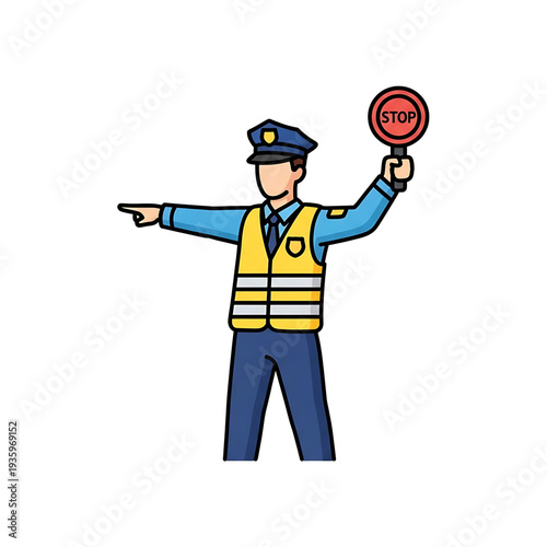 Traffic officer signaling vehicles with raised hand and stop paddle.