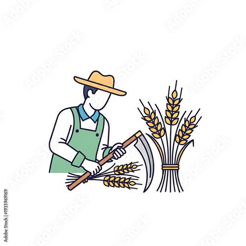 Farmer harvesting wheat with sickle beside bundled sheaves.