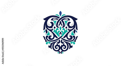 Intricate Ornamental Emblem with Swirling Flourishes in Teal and Navy Blue
