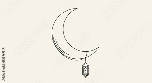 Crescent moon with hanging lantern, minimalist line art, Islamic, Ramadan, Eid celebration