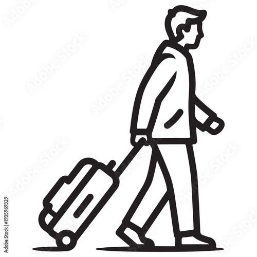 Minimalist line art illustration of a male traveler walking and pulling a rolling suitcase, representing travel, tourism, business trips, and commuting in a clean vector icon style.