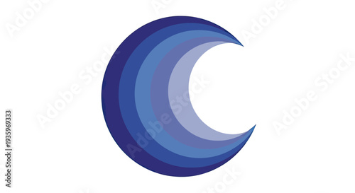 Abstract Crescent Moon Shape with Blue Gradient Rings on White Background