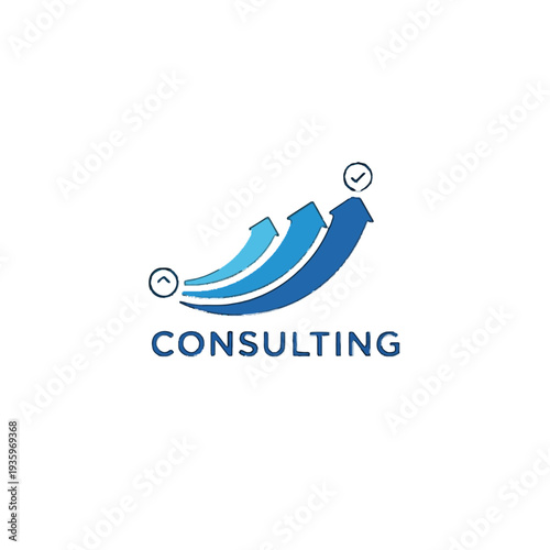 Blue Consulting Logo with Arrows and Checkmarks.