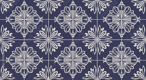 Seamless Floral Pattern Mosaic Tiles on Dark Blue Background