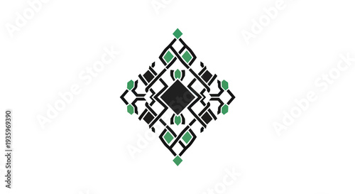 Abstract Geometric Ornament with Black and Green Diamond Shapes on White Background