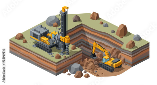 Construction site with drilling rig and excavator in quarry.