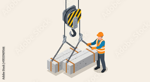 Construction worker operating a crane hook to lift metal beams.