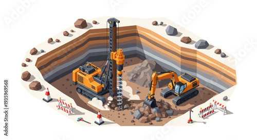 Construction site with heavy machinery and workers digging a deep pit.