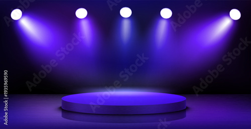 Empty stage and five projectors. 3d vector illustration