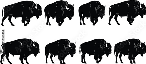 Bison silhouette collection, American buffalo wild animal set, wildlife mammal illustration isolated nature animal design