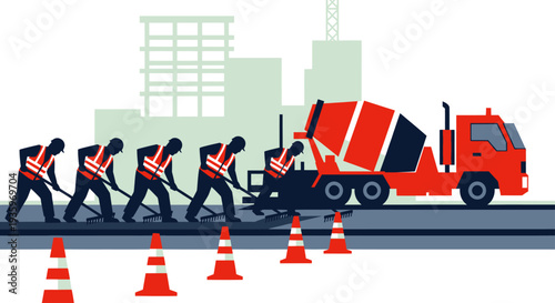 Construction workers laying asphalt with a cement mixer truck.