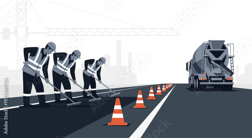 Construction workers paving a road with a cement truck nearby.