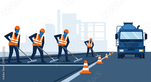 Construction workers paving a road with a cement truck nearby.