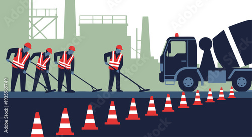 Construction workers paving road with cement mixer and safety cones.