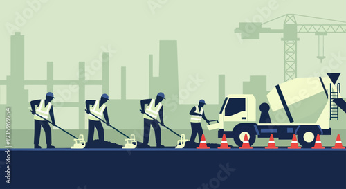 Construction workers paving road with cement mixer truck.