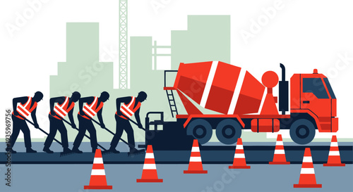 Construction workers paving road with cement mixer truck.