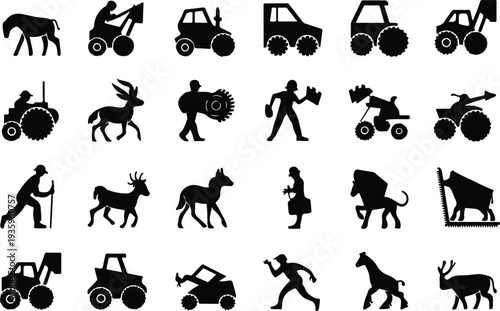 Set of 20 farm tractor and animal icons vector