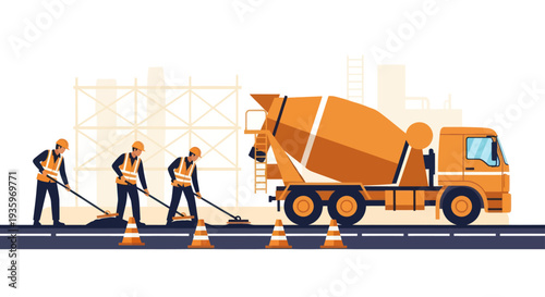 Construction workers paving road with concrete mixer truck.