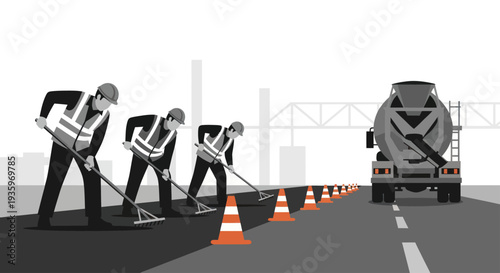 Construction workers paving road with shovels and rakes.