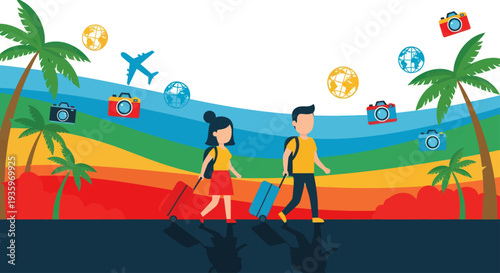 Couple with luggage walking, ready for a trip.