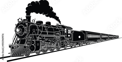 Vintage steam train locomotive silhouette with passenger cars, classic railway transportation engine illustration, retro railroad travel design element