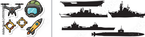 Modern military vector set featuring a drone, pilot helmet, rocket, and targets alongside black silhouettes of various naval warships, a carrier, and a submarine.