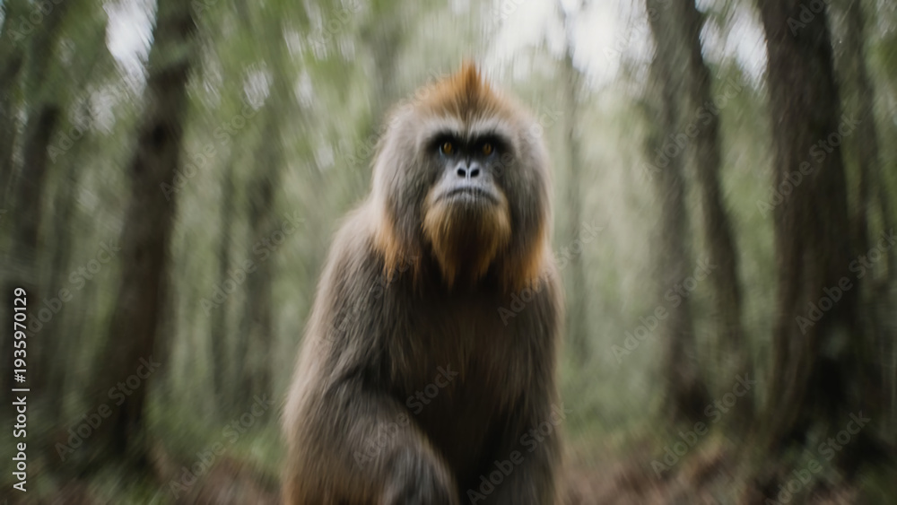 Obraz premium Curious Monkey Exploring a Lush, Green Forest on a Misty Day While Showcasing Its Distinct Features and Character in a Natural Habitat Generative AI