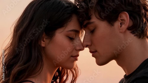 Minimalist Lovers Portrait — Forehead Touch in Warm Peach Tones