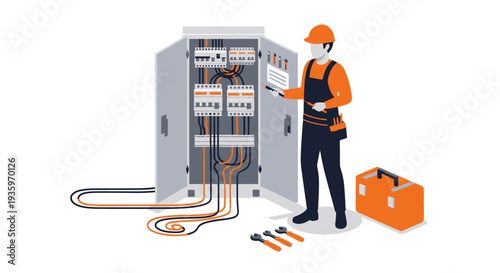 Electrician working on an electrical panel with tools and toolbox.