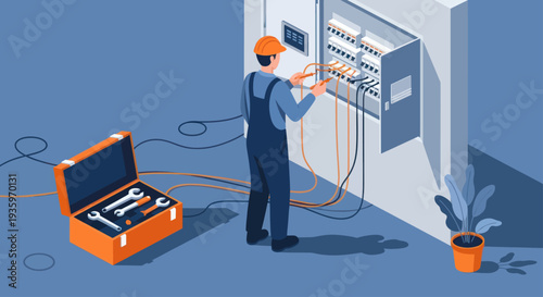 Electrician working on an electrical panel with tools nearby.